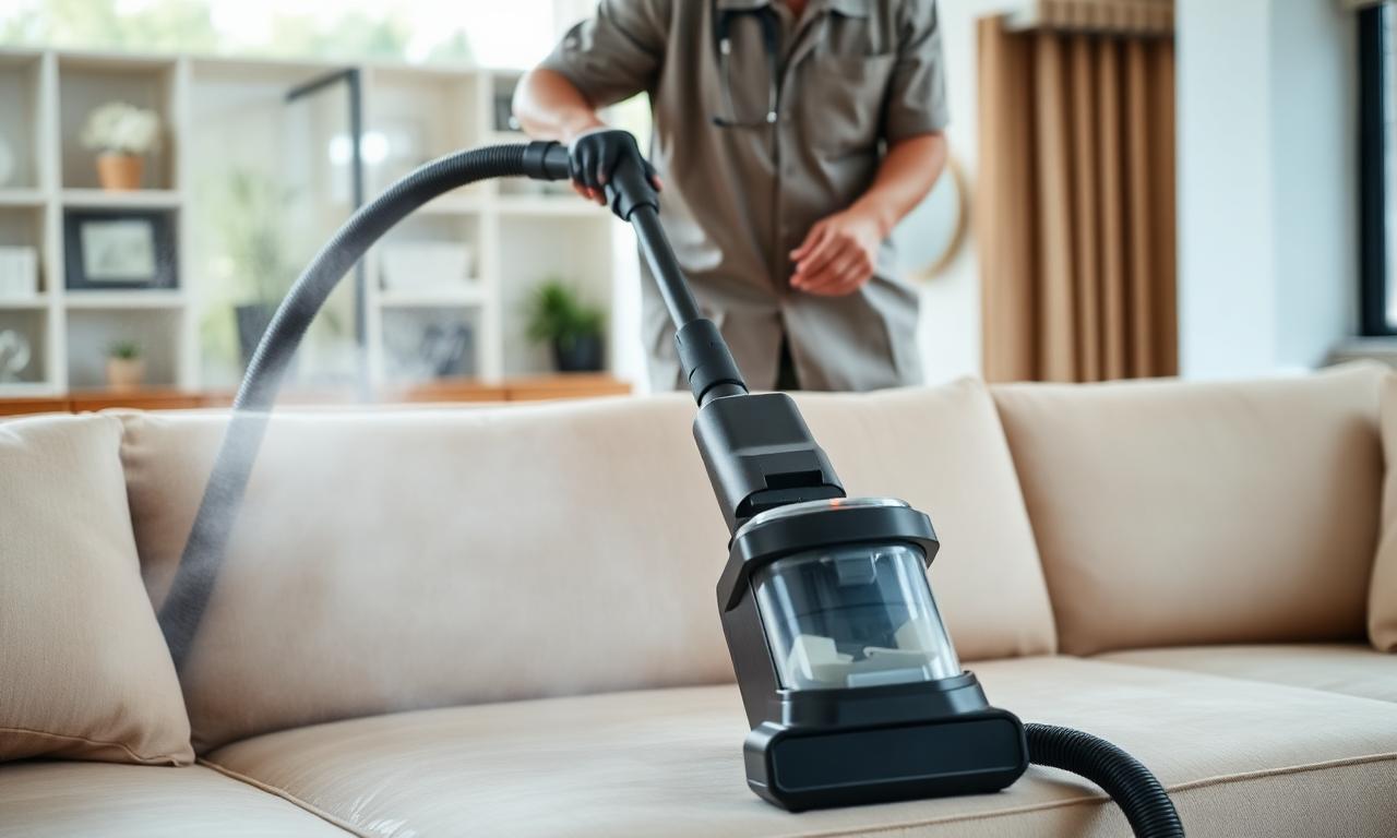 Extratora profissional higienizando um sofá bege